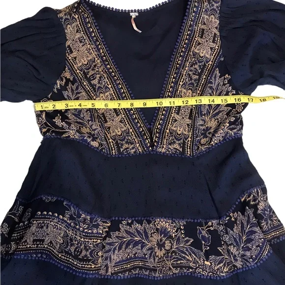 Free People My Love Mini Dress Sz Small S Indigo Blue Pom Pom Paisley Boho Chic - Picture 13 of 15